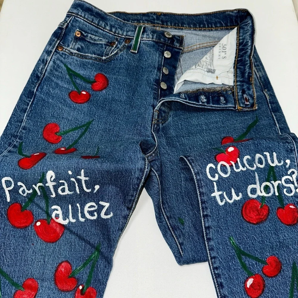 Levi's 501 Women Jeans‎ Button Fly Skinny Custom Handpainted Cherry French W28